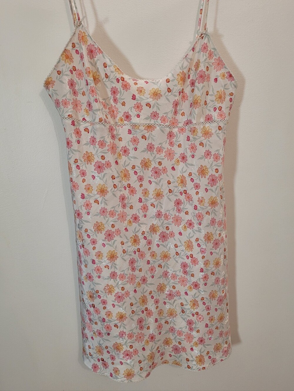 La SENZA Vintage White Pink Floral Chemise Satiny Slip Dress - L - Picture 4 of 9